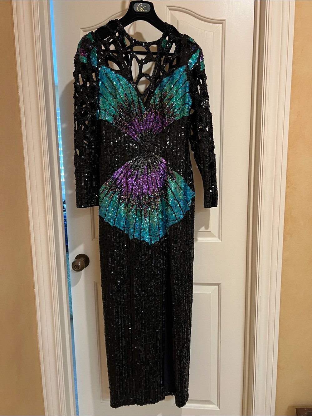 Black Sequin Evening Dress with Turquoise & Purple Accents